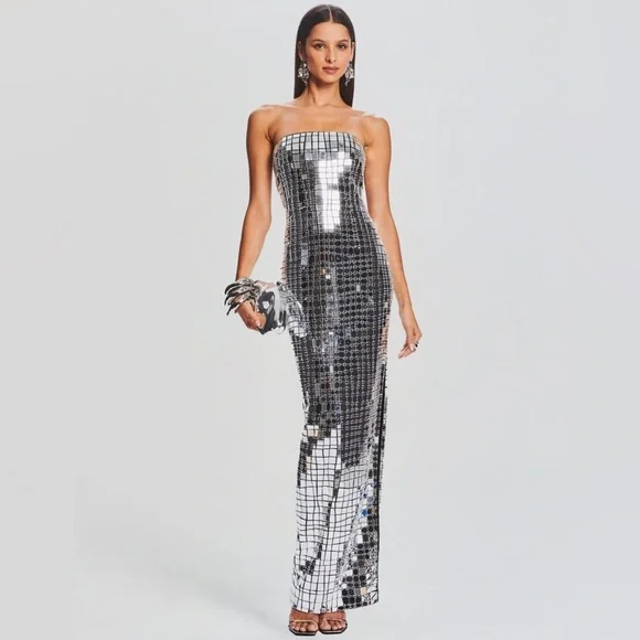 Retrofete Strapless Bodycon Metallic Imani Dress Evening Gown Silver XS - Picture 9 of 16